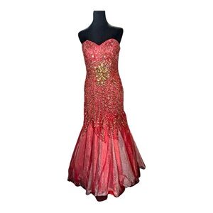 Y2K Alyce Paris mermaid Heavily beaded strapless red w/metallic colors SZ‎ 2